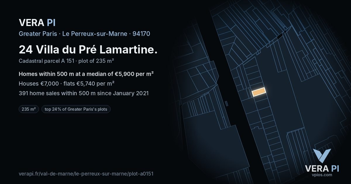 24 Villa du Pré Lamartine, Le Perreux-sur-Marne at night – the plot lit, the parcels around coloured by the prices near them
