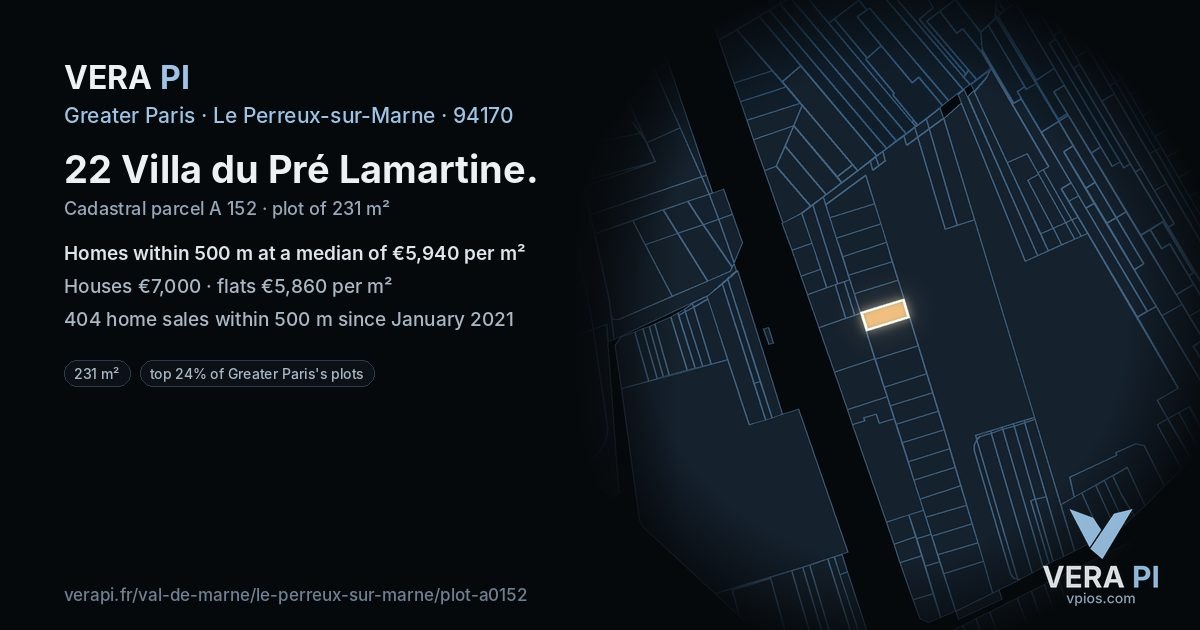 22 Villa du Pré Lamartine, Le Perreux-sur-Marne at night – the plot lit, the parcels around coloured by the prices near them