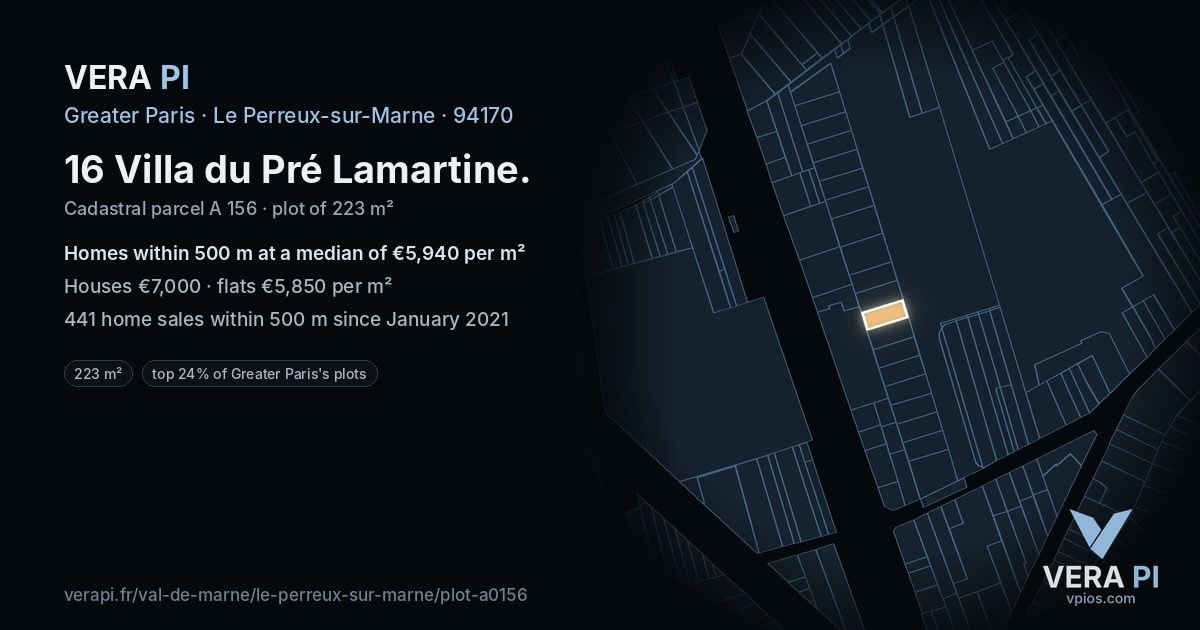 16 Villa du Pré Lamartine, Le Perreux-sur-Marne at night – the plot lit, the parcels around coloured by the prices near them