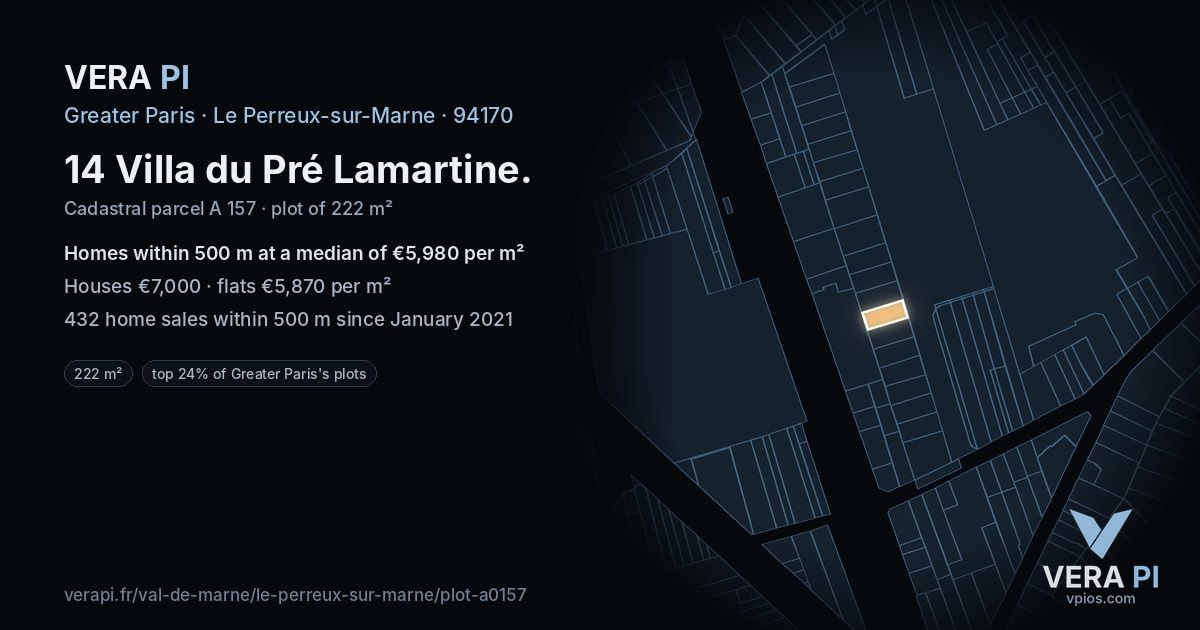 14 Villa du Pré Lamartine, Le Perreux-sur-Marne at night – the plot lit, the parcels around coloured by the prices near them
