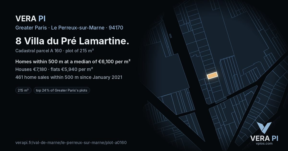 8 Villa du Pré Lamartine, Le Perreux-sur-Marne at night – the plot lit, the parcels around coloured by the prices near them