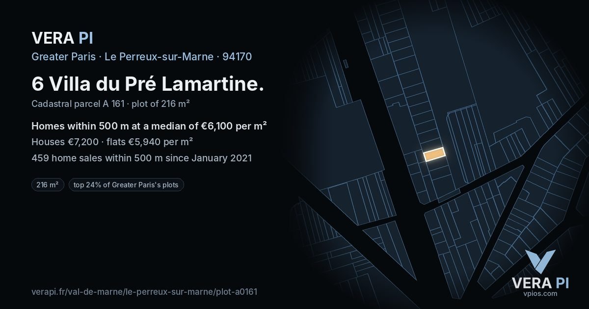 6 Villa du Pré Lamartine, Le Perreux-sur-Marne at night – the plot lit, the parcels around coloured by the prices near them