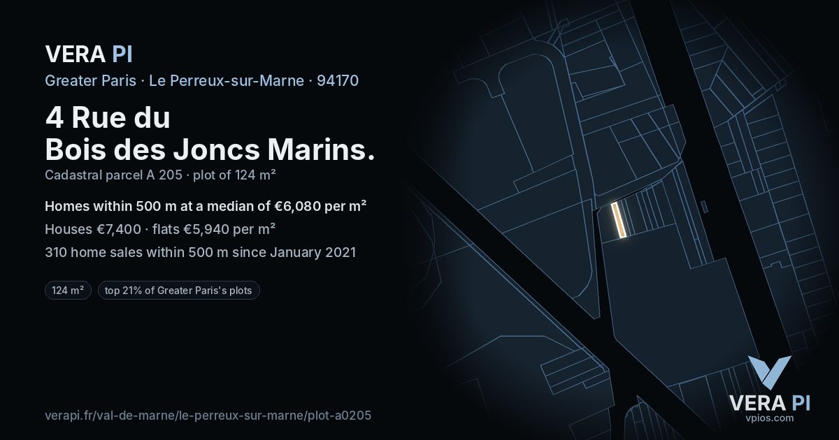 4 Rue du Bois des Joncs Marins, Le Perreux-sur-Marne at night – the plot lit, the parcels around coloured by the prices near them