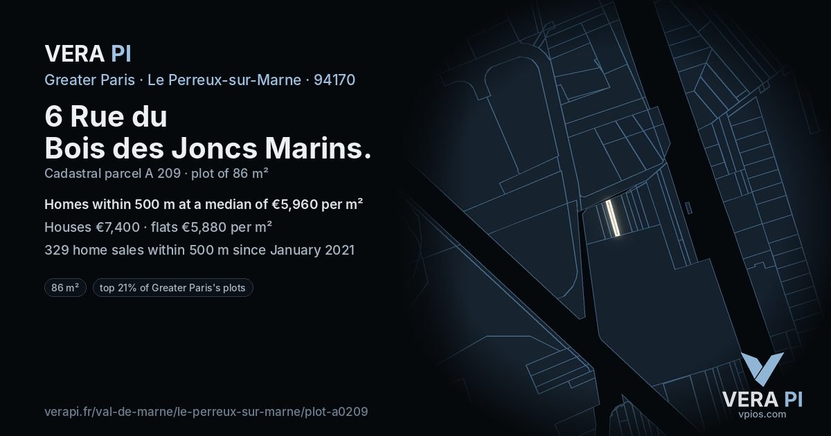 6 Rue du Bois des Joncs Marins, Le Perreux-sur-Marne at night – the plot lit, the parcels around coloured by the prices near them