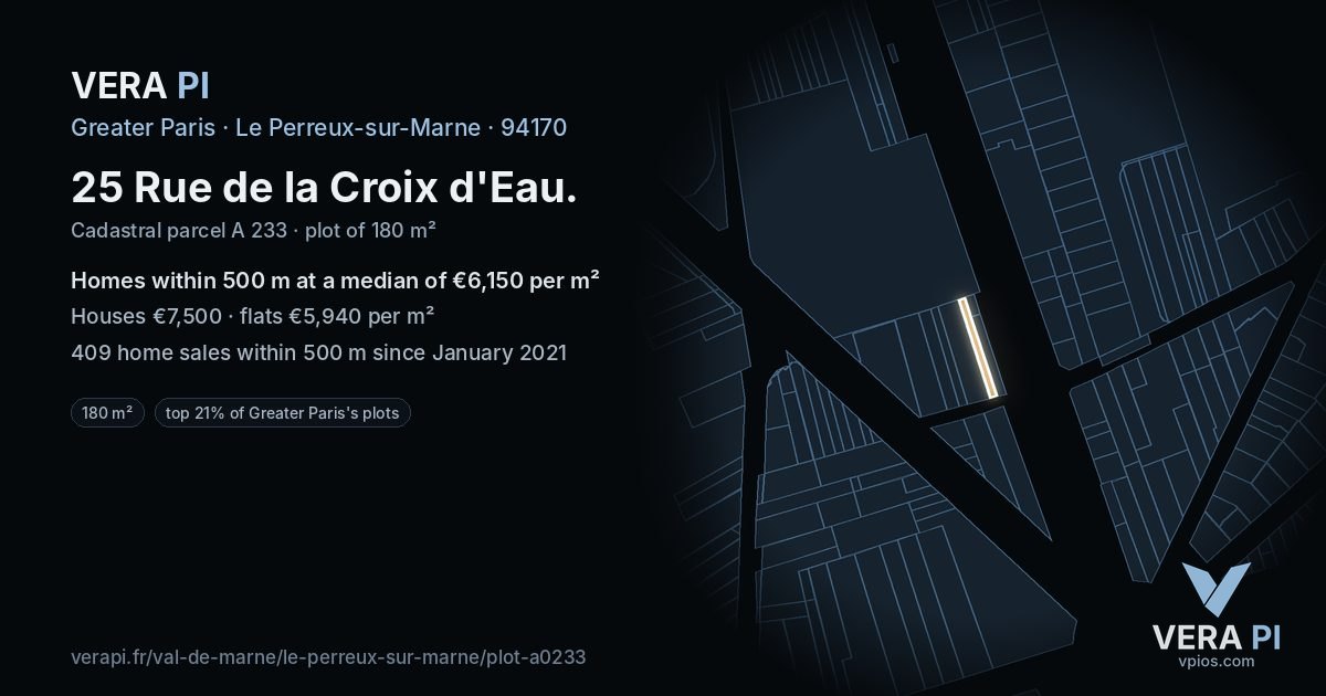 25 Rue de la Croix d'Eau, Le Perreux-sur-Marne at night – the plot lit, the parcels around coloured by the prices near them