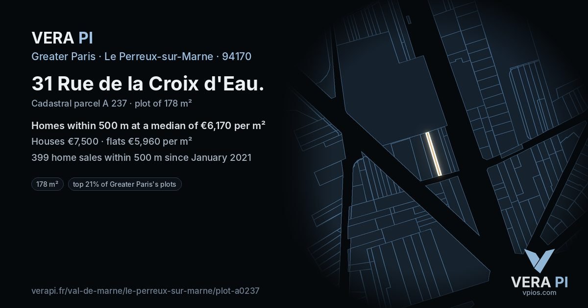 31 Rue de la Croix d'Eau, Le Perreux-sur-Marne at night – the plot lit, the parcels around coloured by the prices near them