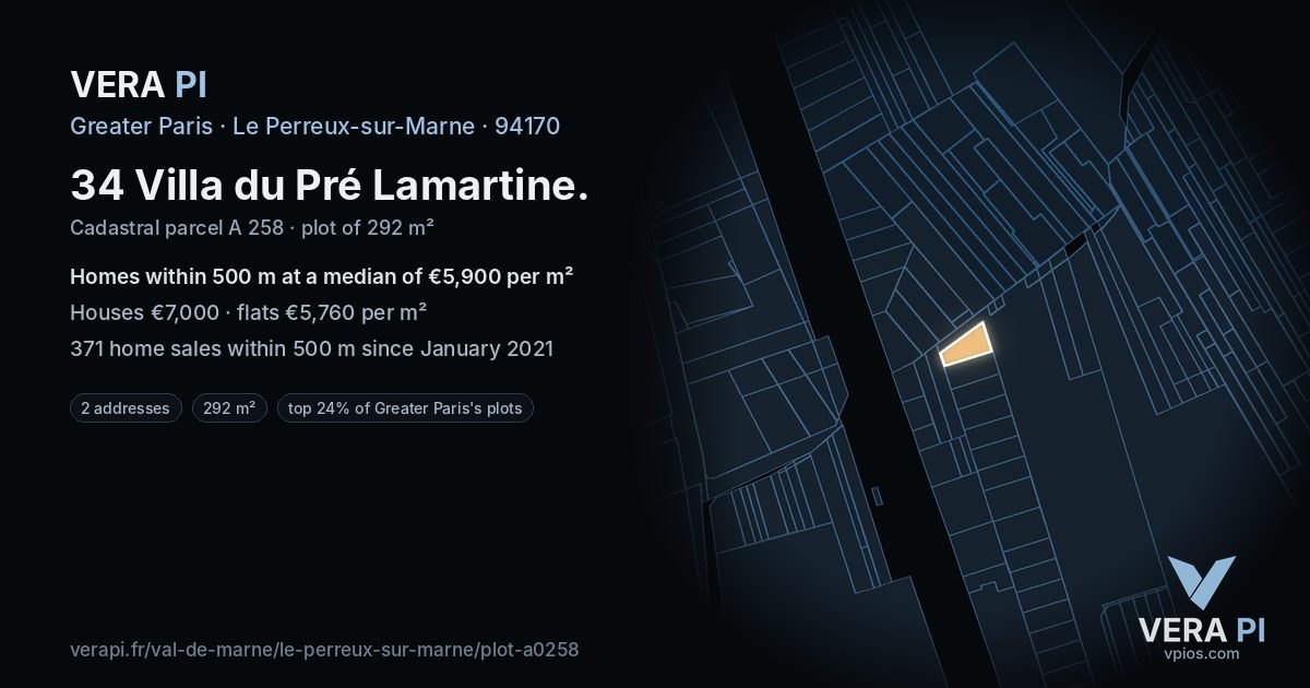 34 Villa du Pré Lamartine, Le Perreux-sur-Marne at night – the plot lit, the parcels around coloured by the prices near them