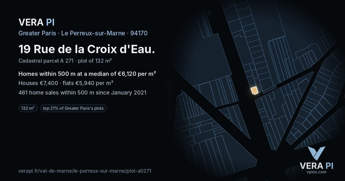 19 Rue de la Croix d'Eau, Le Perreux-sur-Marne at night – the plot lit, the parcels around coloured by the prices near them