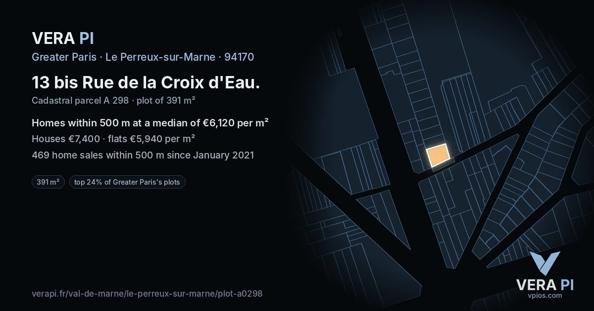 13 bis Rue de la Croix d'Eau, Le Perreux-sur-Marne at night – the plot lit, the parcels around coloured by the prices near them