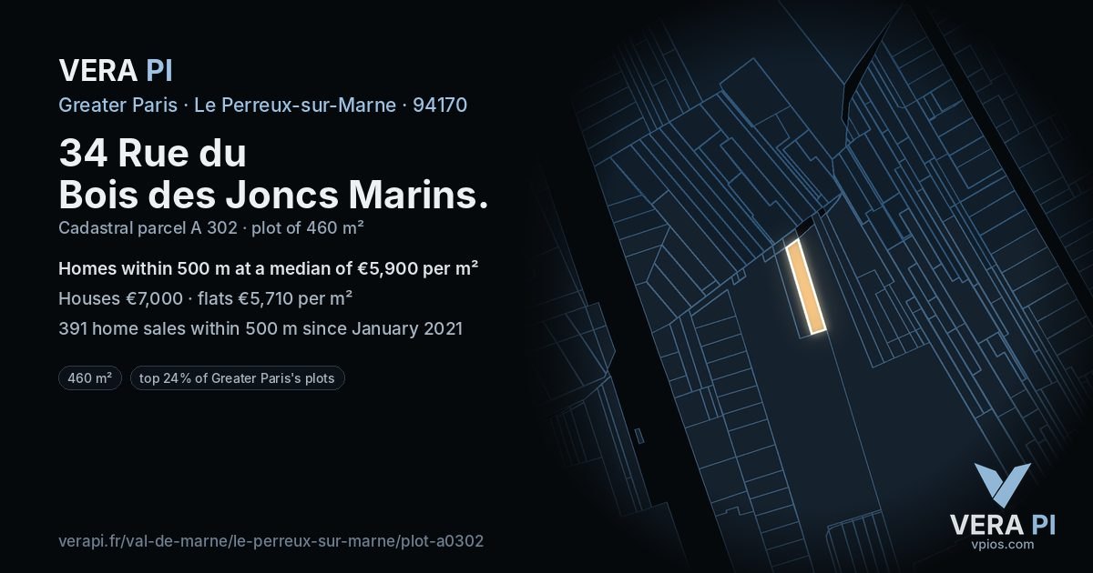 34 Rue du Bois des Joncs Marins, Le Perreux-sur-Marne at night – the plot lit, the parcels around coloured by the prices near them