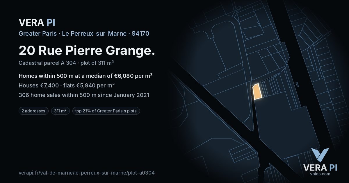 20 Rue Pierre Grange, Le Perreux-sur-Marne at night – the plot lit, the parcels around coloured by the prices near them