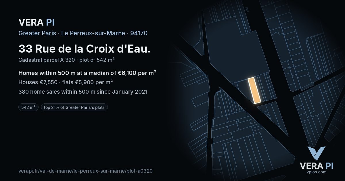 33 Rue de la Croix d'Eau, Le Perreux-sur-Marne at night – the plot lit, the parcels around coloured by the prices near them