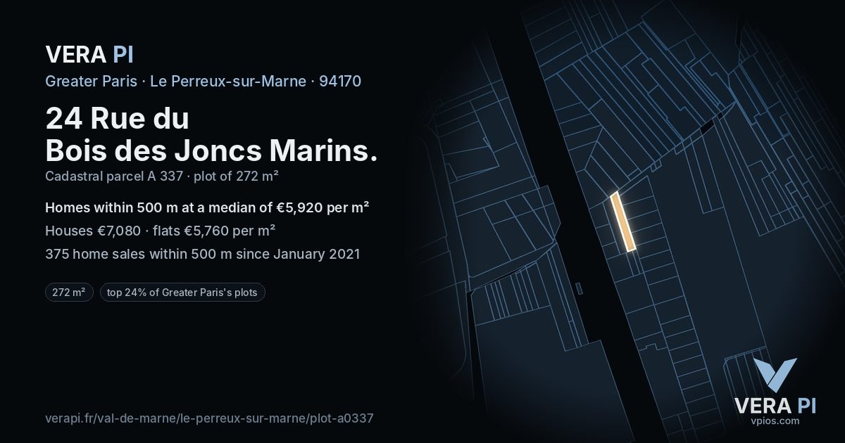 24 Rue du Bois des Joncs Marins, Le Perreux-sur-Marne at night – the plot lit, the parcels around coloured by the prices near them