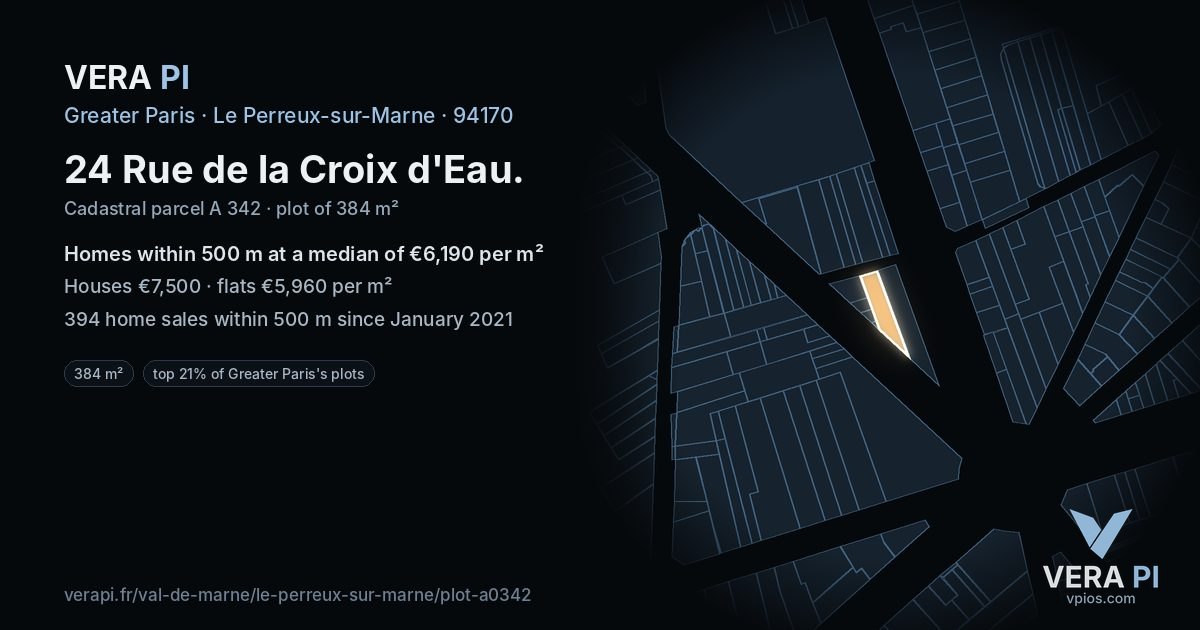 24 Rue de la Croix d'Eau, Le Perreux-sur-Marne at night – the plot lit, the parcels around coloured by the prices near them