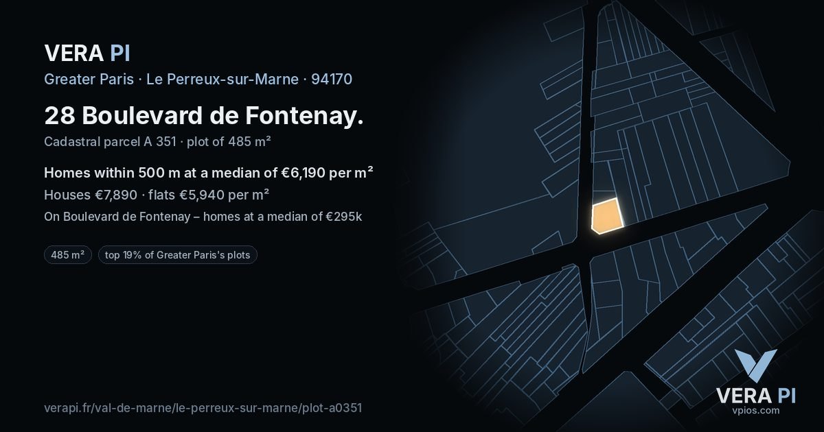 28 Boulevard de Fontenay, Le Perreux-sur-Marne at night – the plot lit, the parcels around coloured by the prices near them