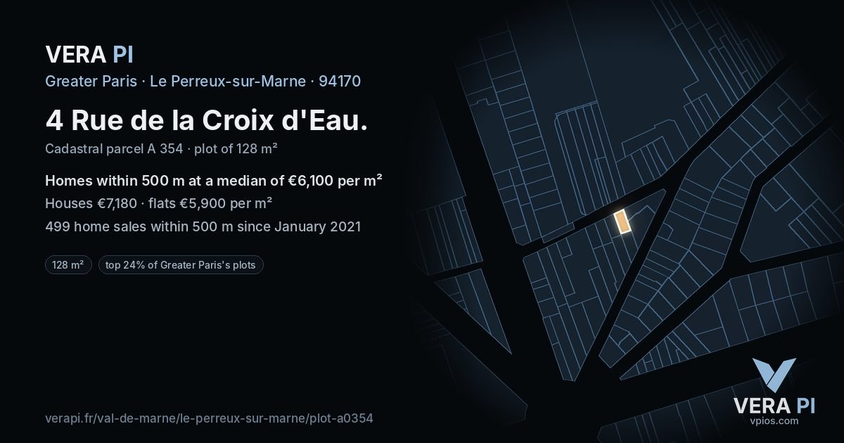 4 Rue de la Croix d'Eau, Le Perreux-sur-Marne at night – the plot lit, the parcels around coloured by the prices near them