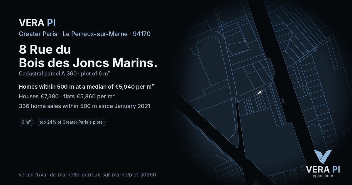 8 Rue du Bois des Joncs Marins, Le Perreux-sur-Marne at night – the plot lit, the parcels around coloured by the prices near them