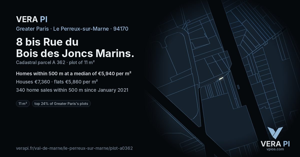 8 bis Rue du Bois des Joncs Marins, Le Perreux-sur-Marne at night – the plot lit, the parcels around coloured by the prices near them