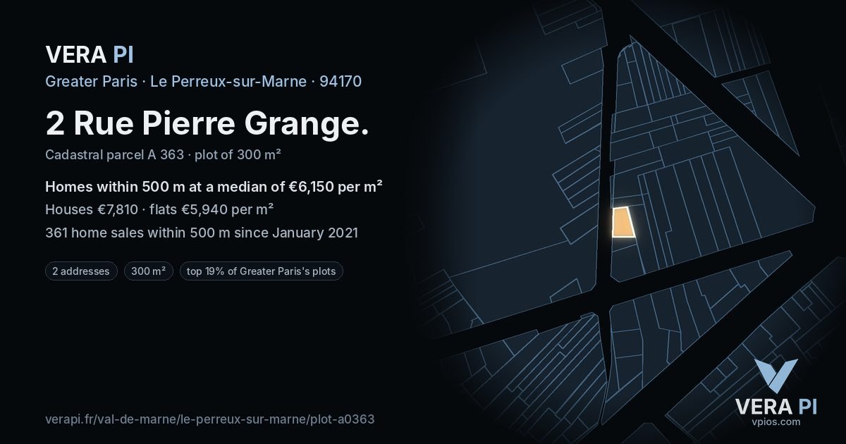 2 Rue Pierre Grange, Le Perreux-sur-Marne at night – the plot lit, the parcels around coloured by the prices near them