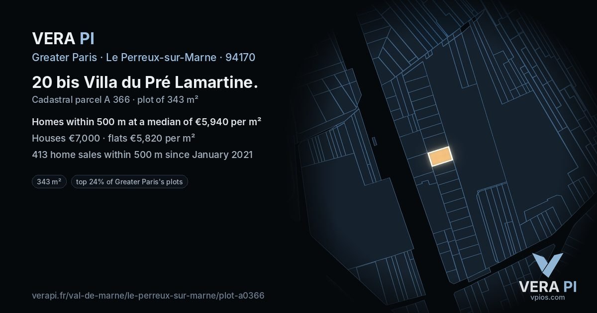 20 bis Villa du Pré Lamartine, Le Perreux-sur-Marne at night – the plot lit, the parcels around coloured by the prices near them