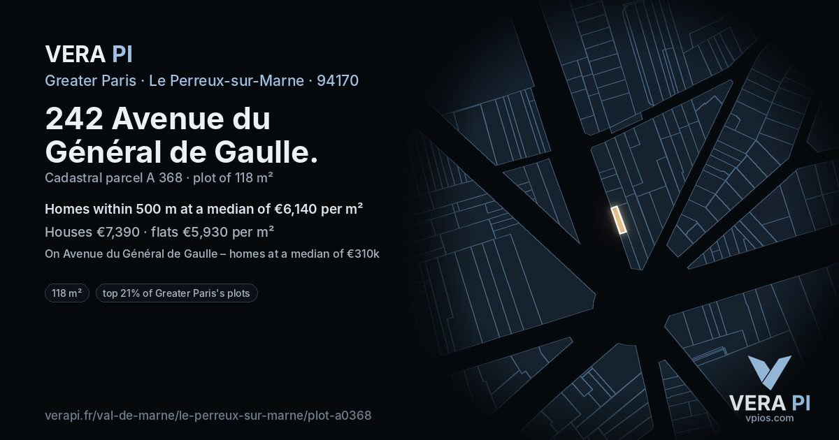 242 Avenue du Général de Gaulle, Le Perreux-sur-Marne at night – the plot lit, the parcels around coloured by the prices near them