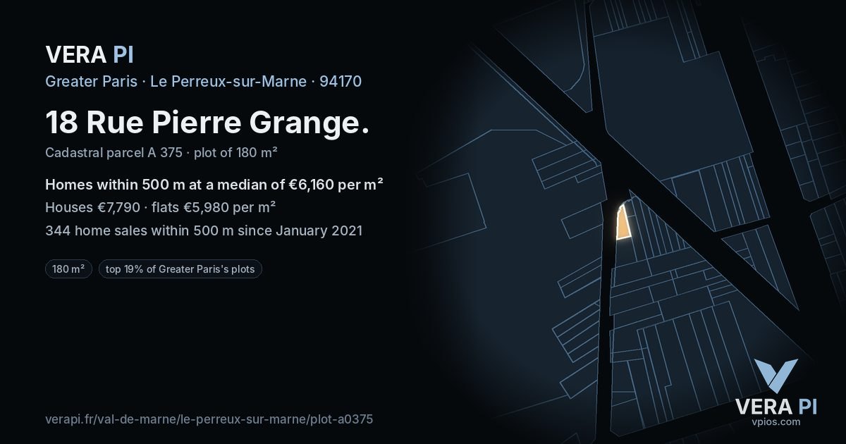 18 Rue Pierre Grange, Le Perreux-sur-Marne at night – the plot lit, the parcels around coloured by the prices near them