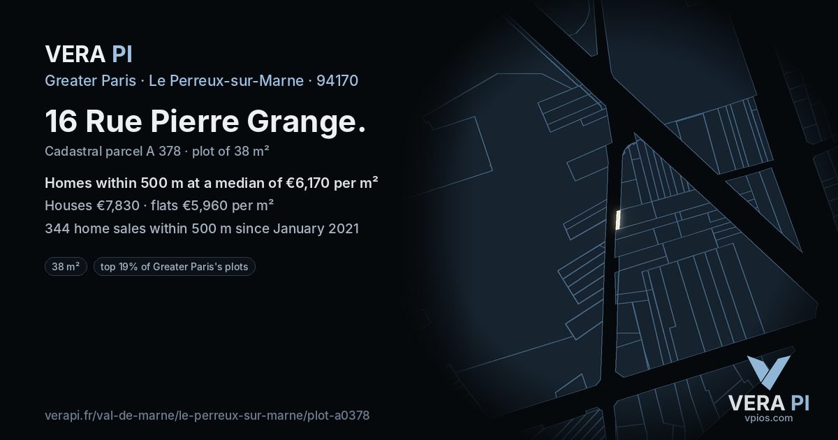 16 Rue Pierre Grange, Le Perreux-sur-Marne at night – the plot lit, the parcels around coloured by the prices near them