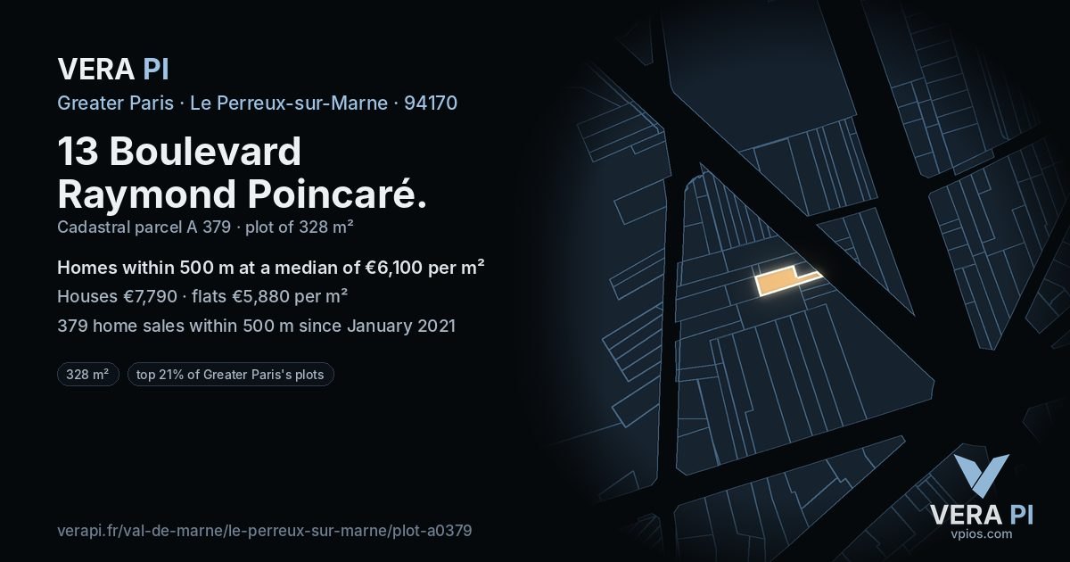 13 Boulevard Raymond Poincaré, Le Perreux-sur-Marne at night – the plot lit, the parcels around coloured by the prices near them