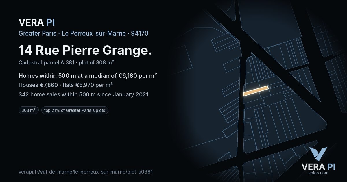 14 Rue Pierre Grange, Le Perreux-sur-Marne at night – the plot lit, the parcels around coloured by the prices near them