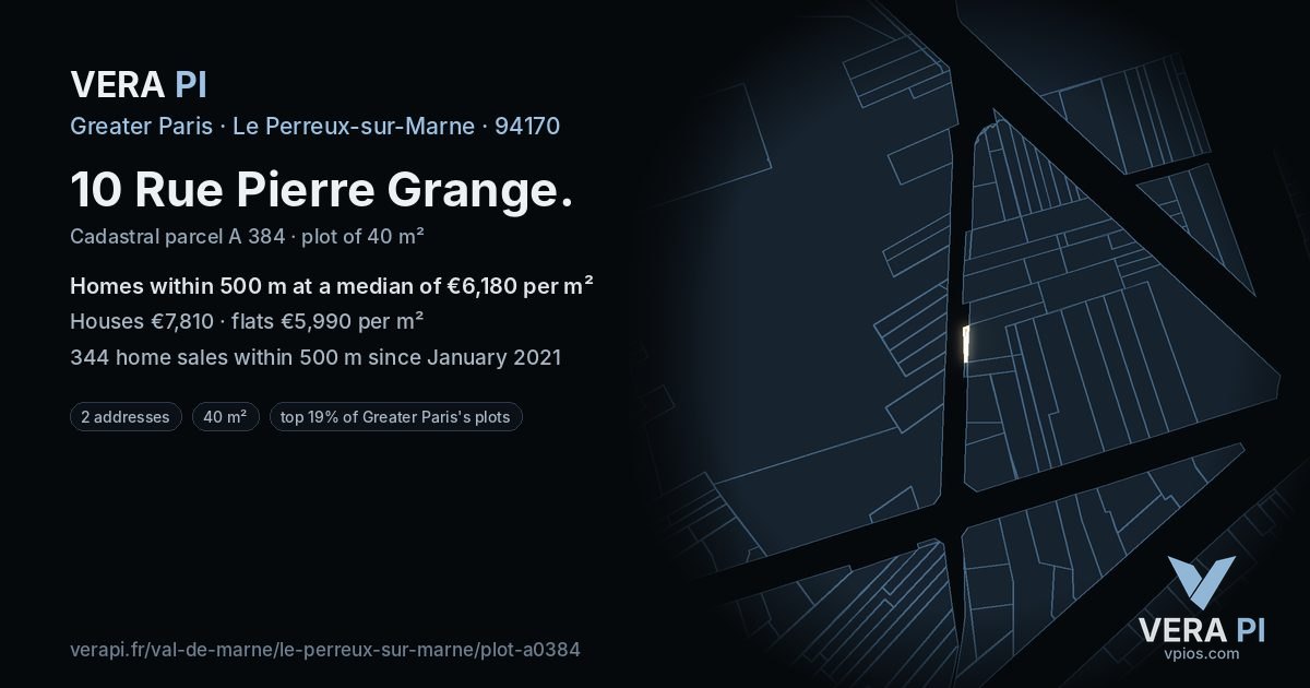 10 Rue Pierre Grange, Le Perreux-sur-Marne at night – the plot lit, the parcels around coloured by the prices near them
