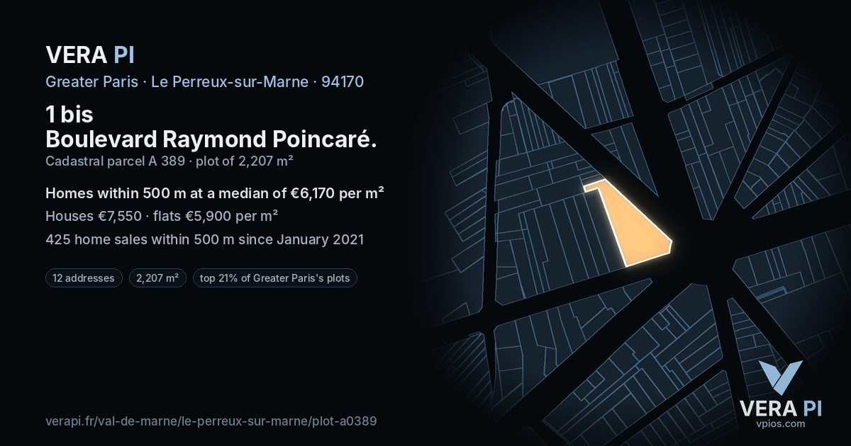 1 bis Boulevard Raymond Poincaré, Le Perreux-sur-Marne at night – the plot lit, the parcels around coloured by the prices near them