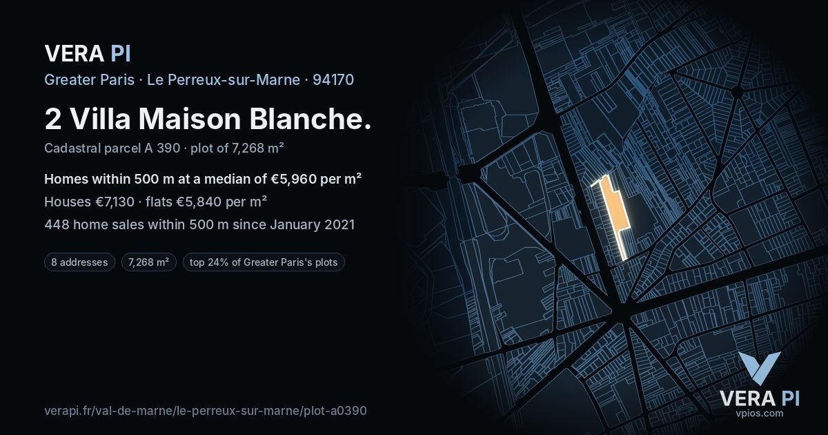 2 Villa Maison Blanche, Le Perreux-sur-Marne at night – the plot lit, the parcels around coloured by the prices near them