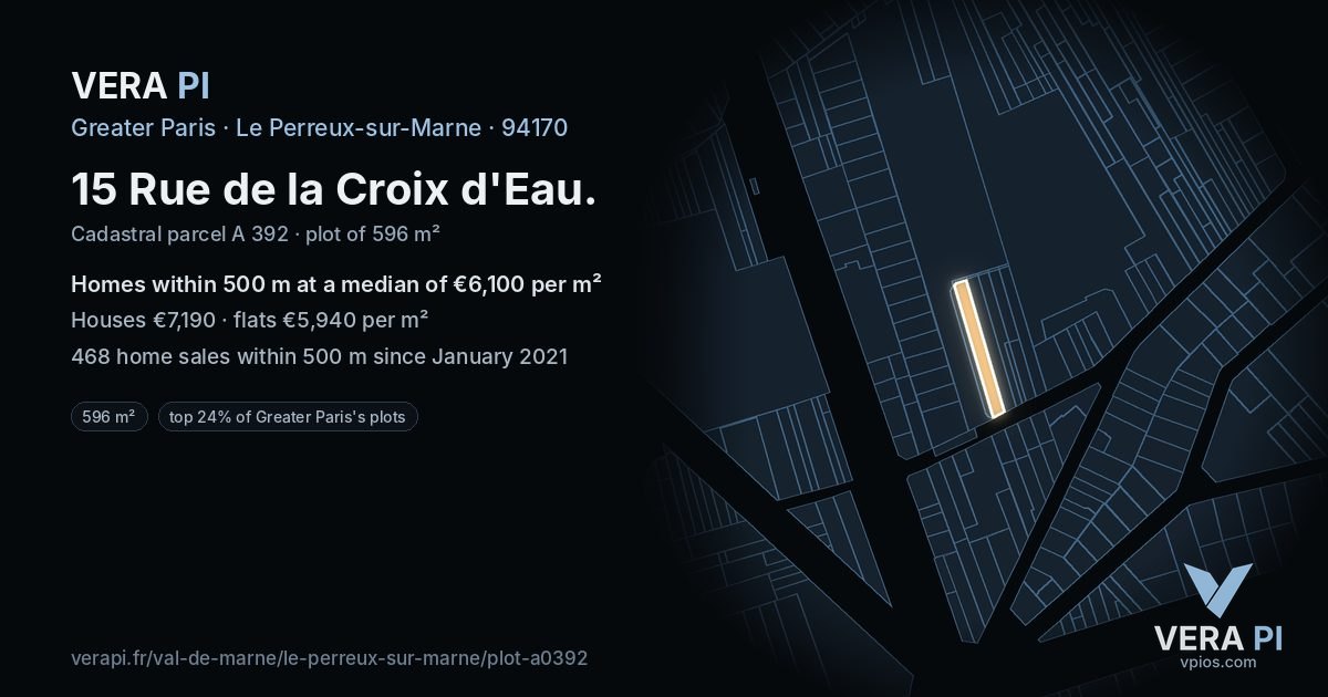 15 Rue de la Croix d'Eau, Le Perreux-sur-Marne at night – the plot lit, the parcels around coloured by the prices near them