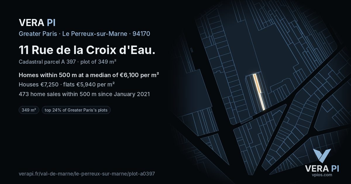 11 Rue de la Croix d'Eau, Le Perreux-sur-Marne at night – the plot lit, the parcels around coloured by the prices near them