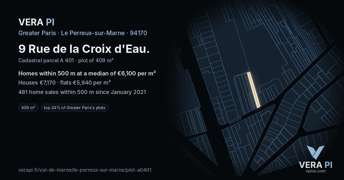 9 Rue de la Croix d'Eau, Le Perreux-sur-Marne at night – the plot lit, the parcels around coloured by the prices near them
