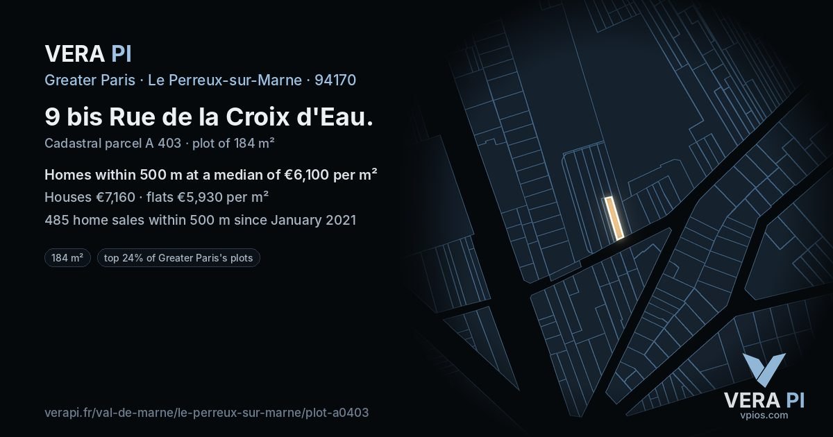 9 bis Rue de la Croix d'Eau, Le Perreux-sur-Marne at night – the plot lit, the parcels around coloured by the prices near them