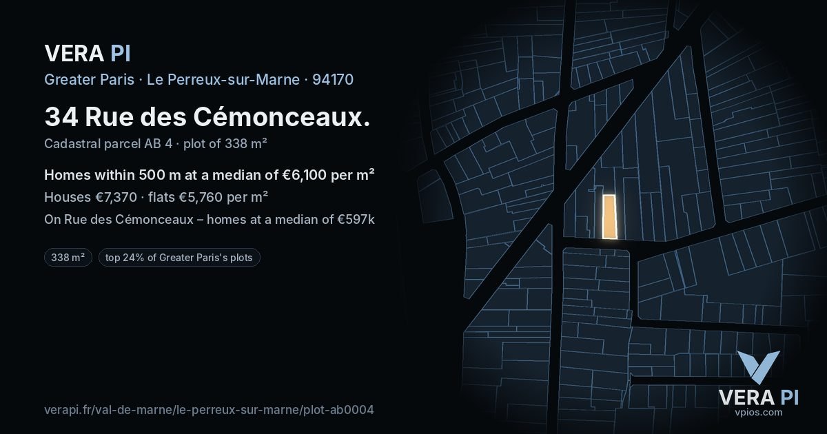 34 Rue des Cémonceaux, Le Perreux-sur-Marne at night – the plot lit, the parcels around coloured by the prices near them