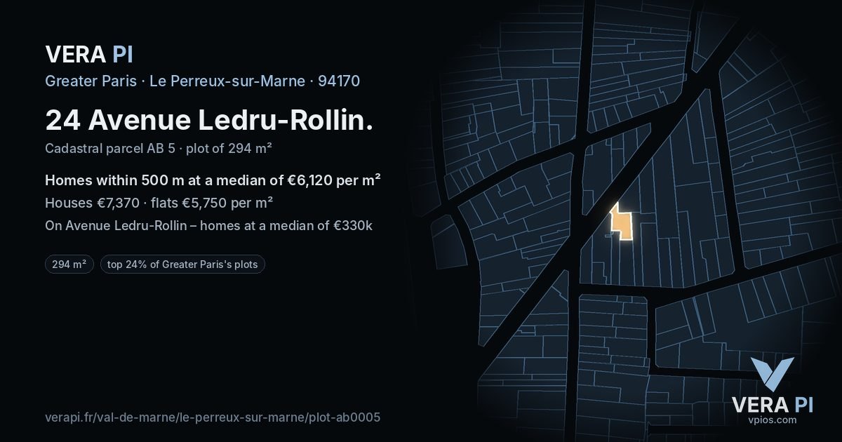 24 Avenue Ledru-Rollin, Le Perreux-sur-Marne at night – the plot lit, the parcels around coloured by the prices near them