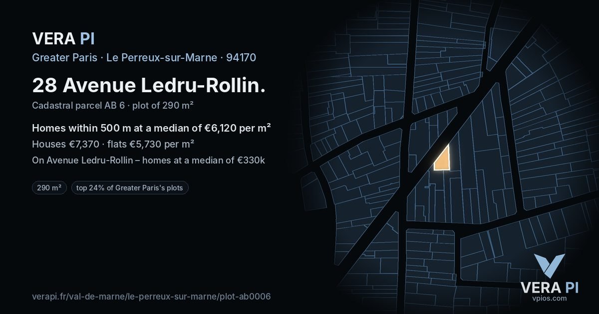 28 Avenue Ledru-Rollin, Le Perreux-sur-Marne at night – the plot lit, the parcels around coloured by the prices near them