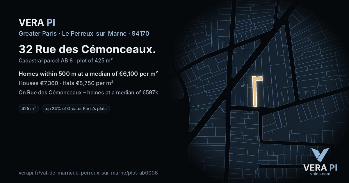 32 Rue des Cémonceaux, Le Perreux-sur-Marne at night – the plot lit, the parcels around coloured by the prices near them