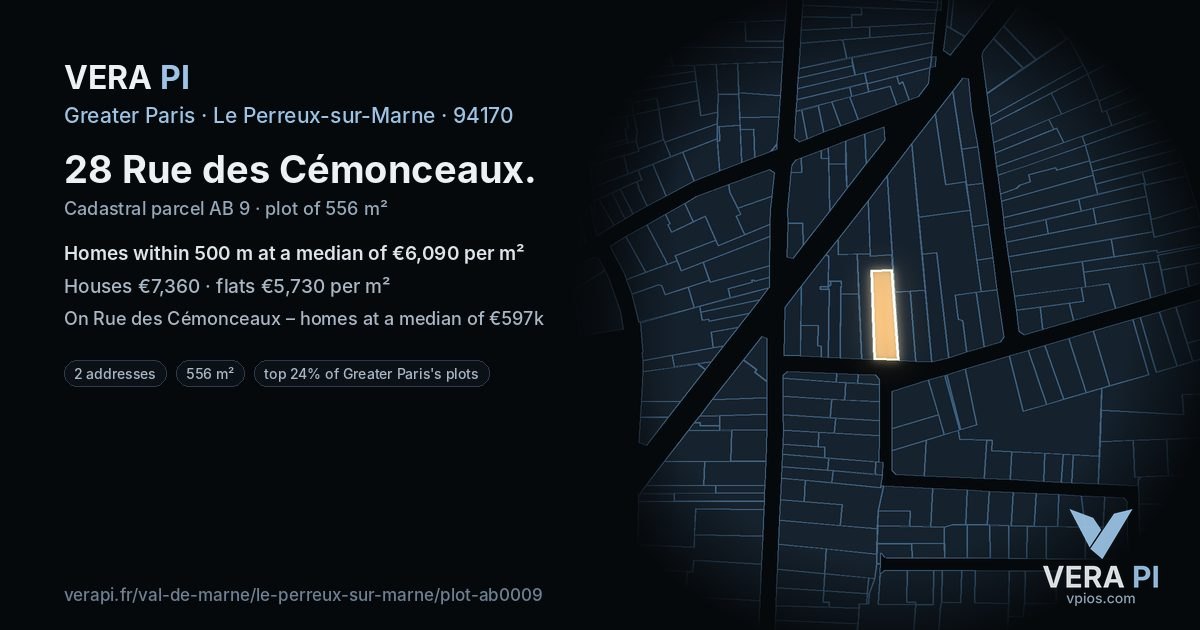 28 Rue des Cémonceaux, Le Perreux-sur-Marne at night – the plot lit, the parcels around coloured by the prices near them