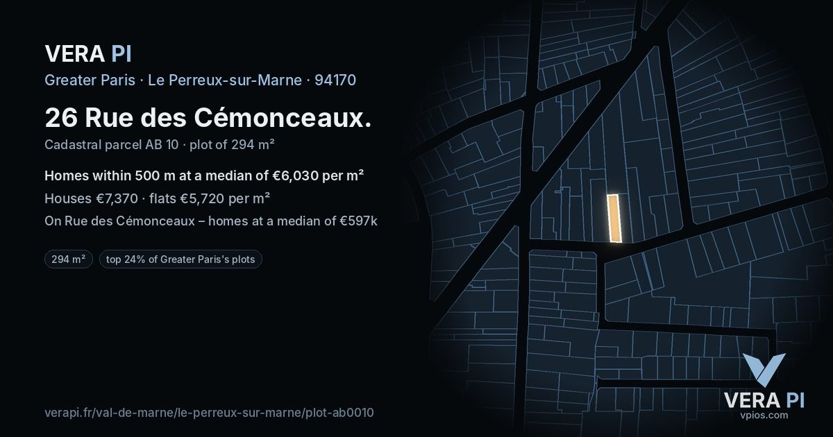 26 Rue des Cémonceaux, Le Perreux-sur-Marne at night – the plot lit, the parcels around coloured by the prices near them