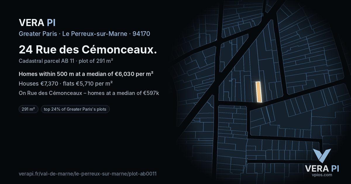 24 Rue des Cémonceaux, Le Perreux-sur-Marne at night – the plot lit, the parcels around coloured by the prices near them