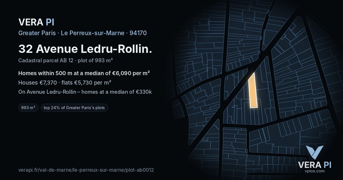 32 Avenue Ledru-Rollin, Le Perreux-sur-Marne at night – the plot lit, the parcels around coloured by the prices near them