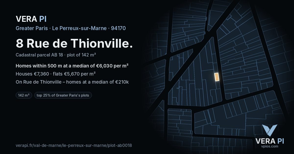 8 Rue de Thionville, Le Perreux-sur-Marne at night – the plot lit, the parcels around coloured by the prices near them