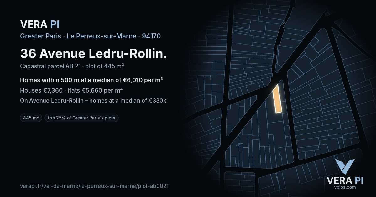 36 Avenue Ledru-Rollin, Le Perreux-sur-Marne at night – the plot lit, the parcels around coloured by the prices near them