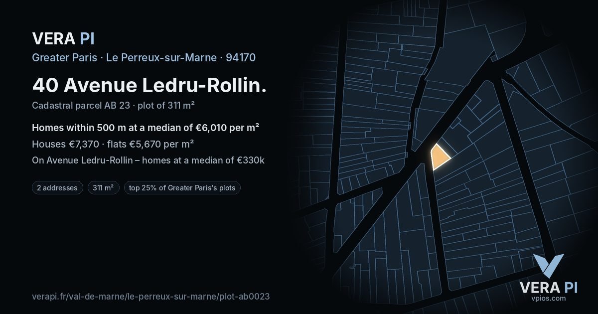 40 Avenue Ledru-Rollin, Le Perreux-sur-Marne at night – the plot lit, the parcels around coloured by the prices near them