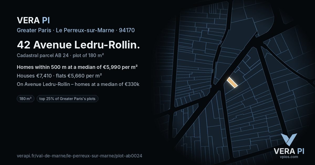 42 Avenue Ledru-Rollin, Le Perreux-sur-Marne at night – the plot lit, the parcels around coloured by the prices near them