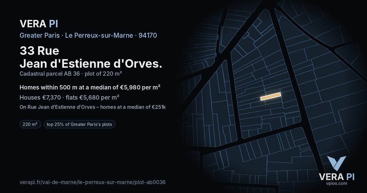 33 Rue Jean d'Estienne d'Orves, Le Perreux-sur-Marne at night – the plot lit, the parcels around coloured by the prices near them