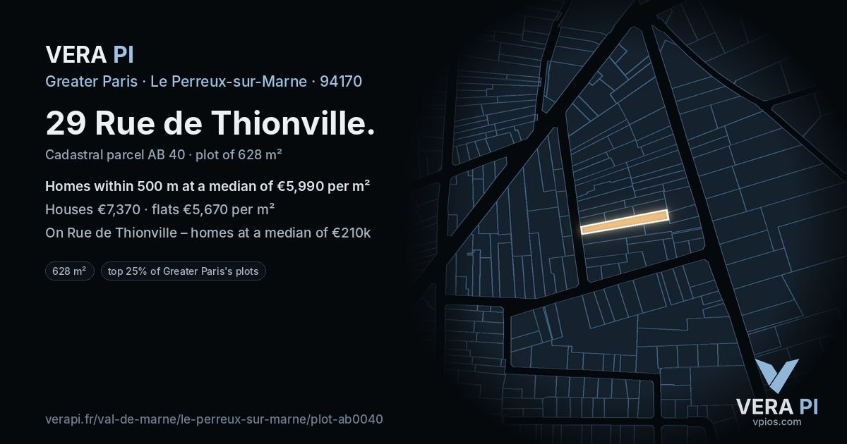 29 Rue de Thionville, Le Perreux-sur-Marne at night – the plot lit, the parcels around coloured by the prices near them